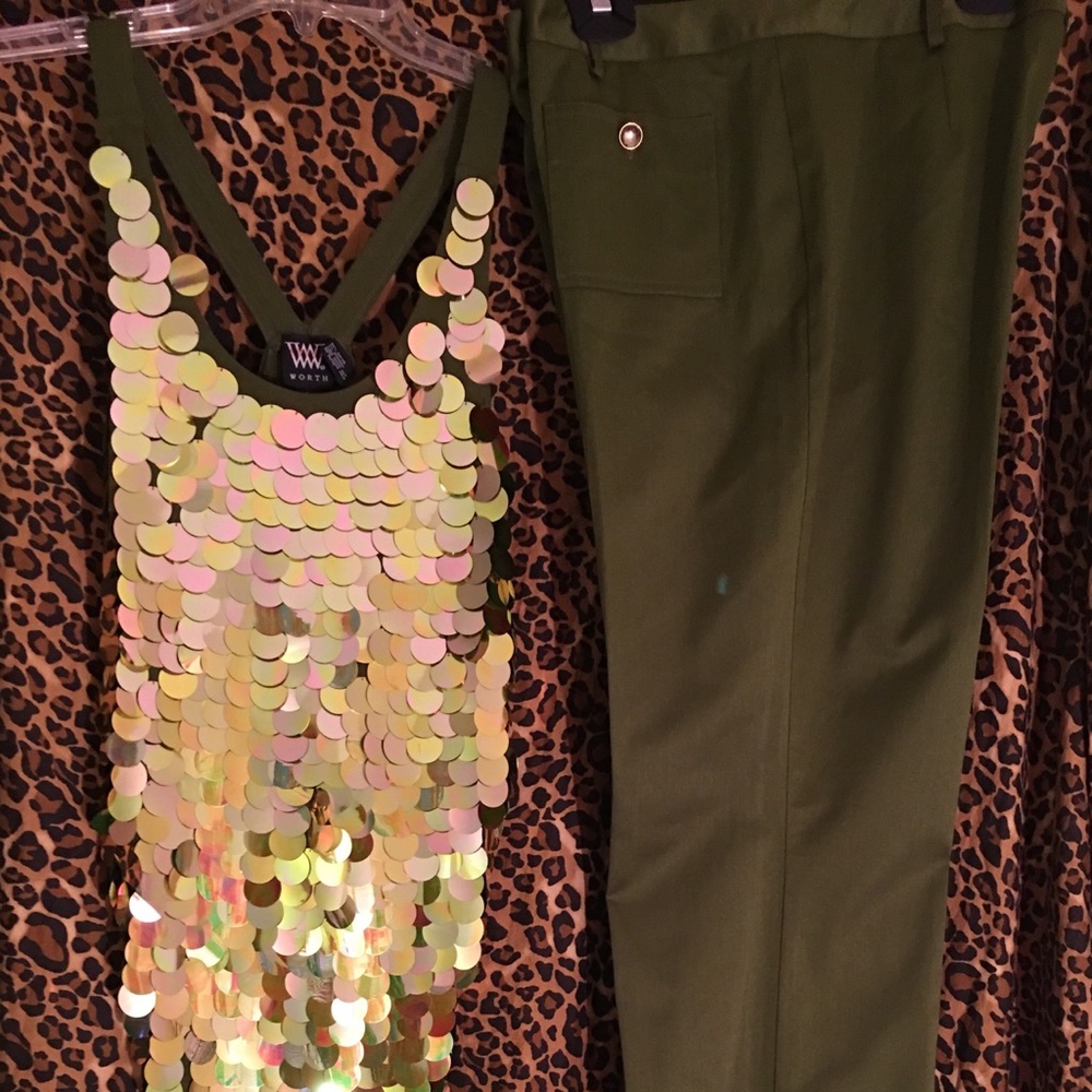 Worth sequin tank top and pants in olive green
